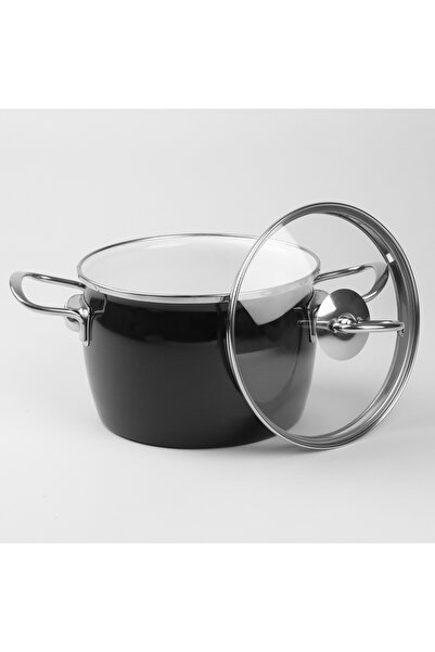 NO BRAND Oală rotundă emailată de 4L, neagră tradițională, cu capac, pentru g...