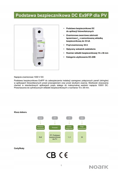 NOARK Siguranță Bază de siguranță Ex9FP 2P 30A 1000V CC 101767