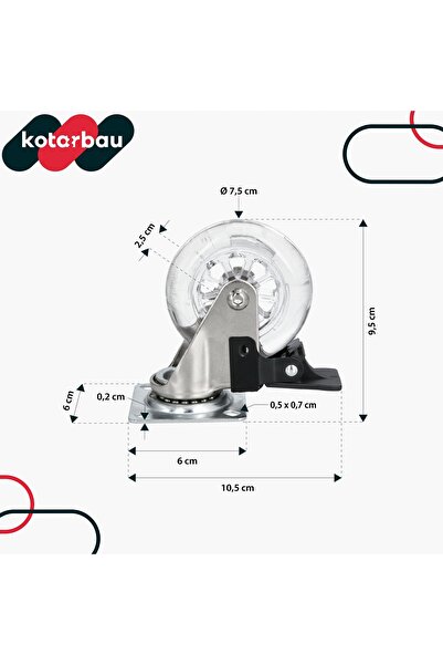 NO BRAND Set de 4 roți pivotante pentru mobilier, de 75mm, cu frână, din cauc...