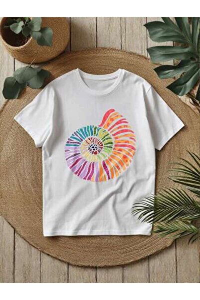 2BIR Women's Short Sleeve Rainbow Ammonite Print Crew Neck Casual Vintage T-S...