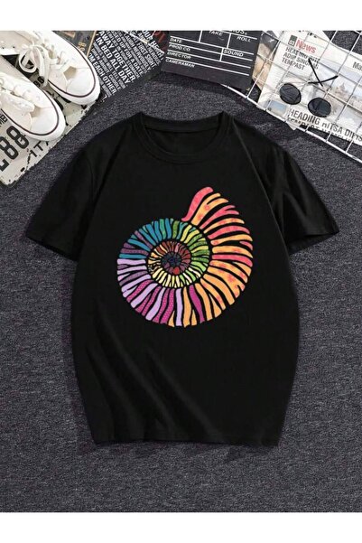 2BIR Women's Short Sleeve Rainbow Ammonite Print Crew Neck Casual Vintage T-S...