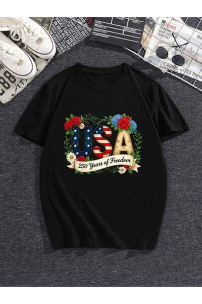 25W تي شيرت بطباعة حروف USA بنمط Years Freedom Floral، تي شيرت بطباعة Patriot...