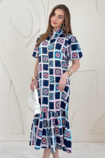 ELBEE Blue belted shirt collar dress