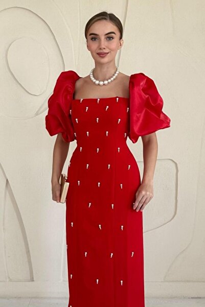 Elbee Fashion Woman Red Sleeve Paneled Dress with Embroidery Detail