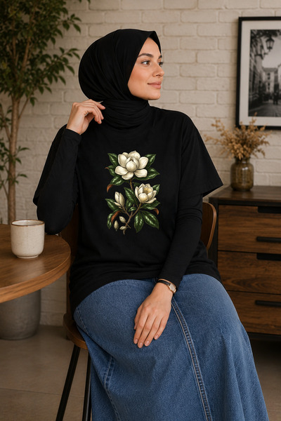 BAGAND Premium Magnolia Flower Printed Oversize Unisex T-Shirt Black Vintage ...