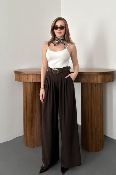 Elbee Fashion Woman Καφέ Πλισέ Παντελόνι