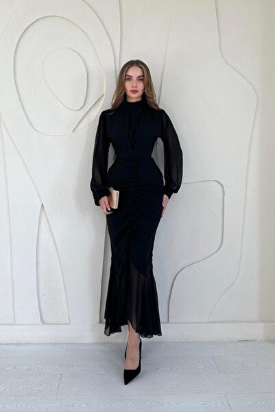 SEREMONİ BUTİK Black Front Gathered Chiffon Dress