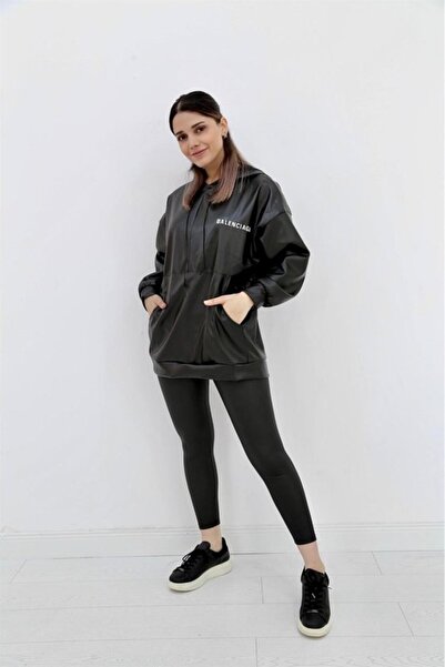 Generic Brand Black Hooded Letter Printed Leather Sweatshirt