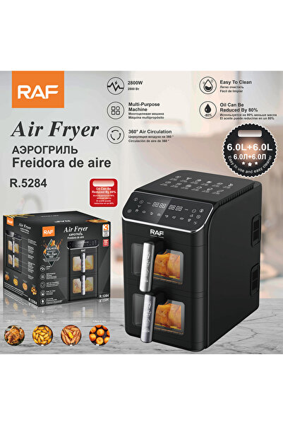 raf Electric Dual Basket Air Fryer 12L, Oil-Free Countertop Cooker, Black, R....