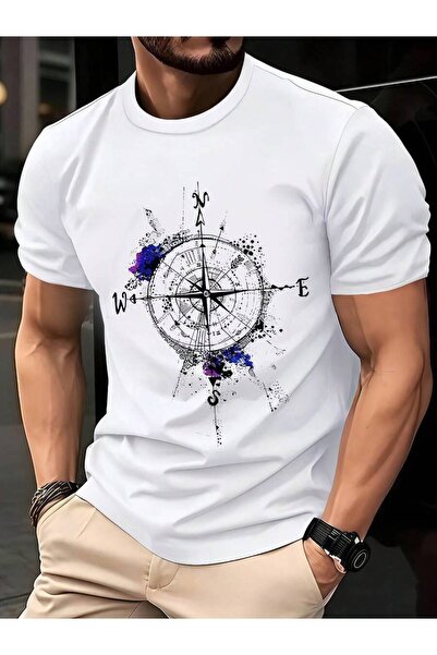 23ERVA Men'S Compass Print T-Shirt, Round Neck Short Sleeve Summer Casual Str...