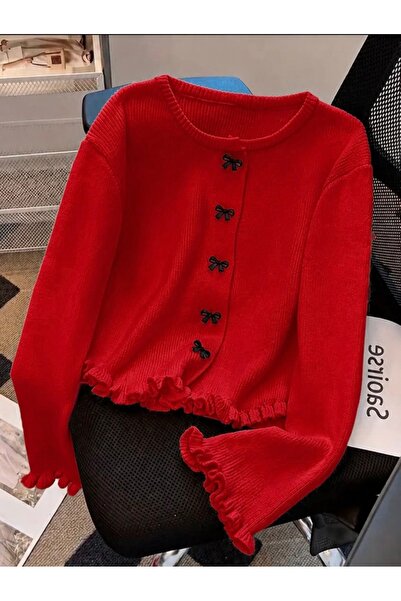 Elysira Women's Stylish Basic Cardigan with Bow Buttons and Ruffle Detail
