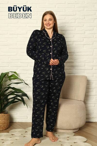 ALİMER Plus Size Women's Pajama Set - Buttoned Lycra Viscose Fabric 2919Uyb
