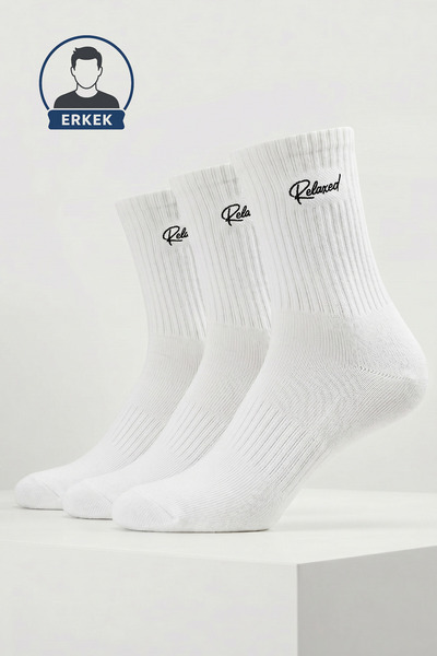 Erkek Pamuklu Orta Spor Çorap - Beyaz - 2/4 Half Boy - Logo İşlemeli - 3'lü Paket