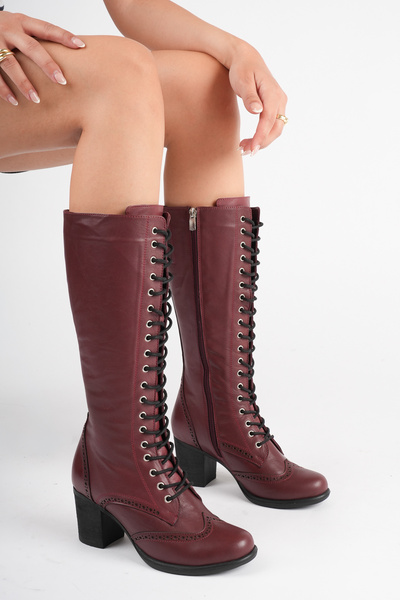 ANALİN SHOES Women's Genuine Leather Lace-Up Heeled Boots - Burgundy