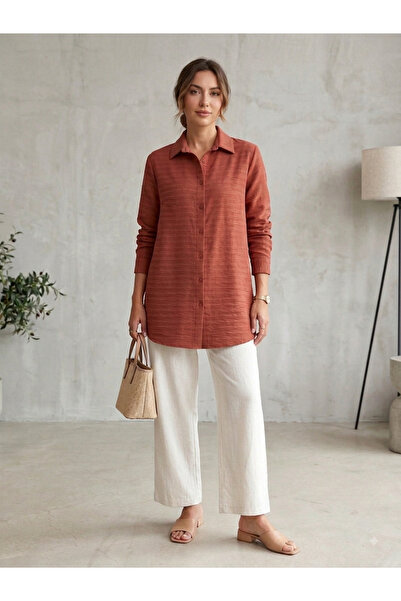 Meşe Moda Women's Brick Red Striped Textured Oversize Long Sleeve Shirt - Tunic