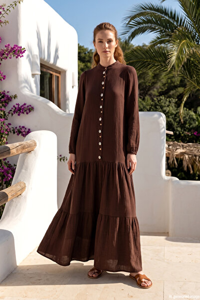 Merwishop Merwish Seashell Buttoned Organic Muslin Dress 1795 Brown