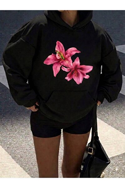 LELVANİ SWEATSHIRT CU GLUGĂ PENTRU FEMEI, CU IMPRIMEU COLORAT CU FLORI DE LILIUM