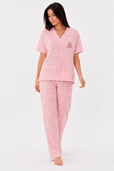 BELLA NOTTE Pembe Pötikare Desenli V Yaka Ayıcık Nakışlı Kısa Kollu Pijama Takımı