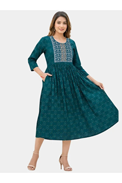 MYSMAR Teal Embroidered Rayon Anarkali Kurti - VVB9529 | Teal-Size:M-38-Inches