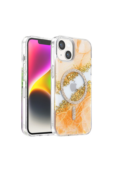 halkhouse iPhone 13-14 MagSafe Uyumlu Manyetik Telefon Kılıfı Şeffaf Mermer D...