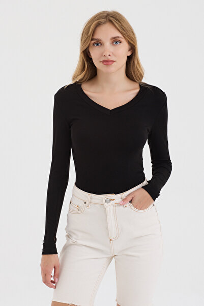 MODiSCHO Kadın Siyah V Yaka Slim Fit Parmak Geçmeli Ultra Soft Yumuşak Esnek ...