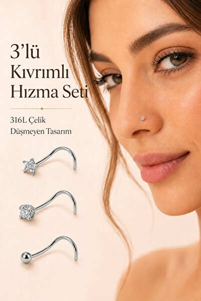 moonzy - minimalist & cozy 3’lü 316L Çelik Düşmeyen Kıvrımlı Burun Hızması Se...