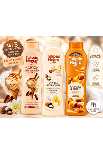 tulipan Set 3 geluri de dus Negro, 3 x 650 ml, Vanilie & Macadamia, Caramel &...