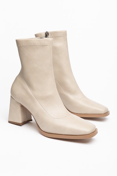 moda rees Women's Beige Leather Blunt Toe Stretch Heel Casual Boots