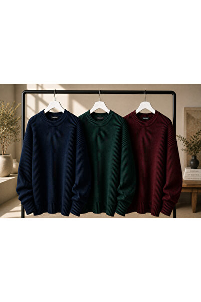 DepoExport Women's 3-Piece Crew Neck Oversize Knitwear Sweater Soft Knitted S...