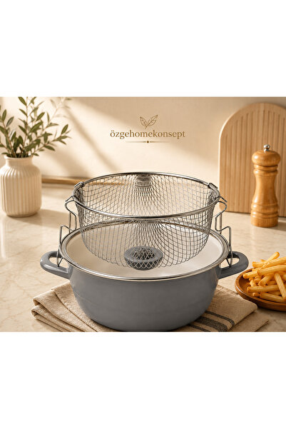 özgehomekonsept Enamel Frying Pan Stainless Wire Strainer Potato Frying Pan 2...