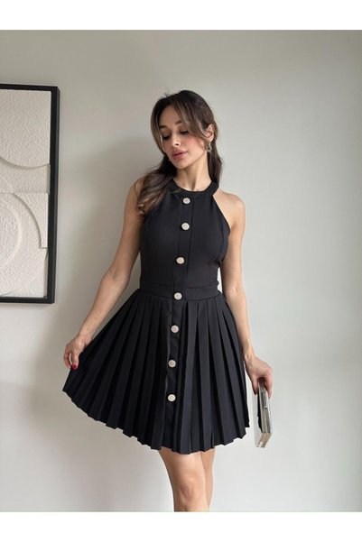 Klex Halter Yaka Pliseli Düğme Detaylı Mini Elbise 5008