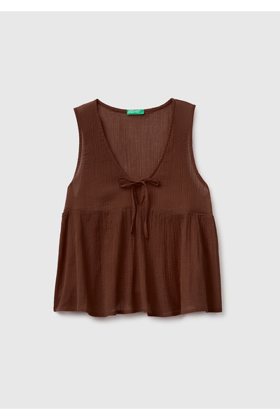 United Colors of Benetton Women's dark brown 100% cotton sleeveless blouse wi...