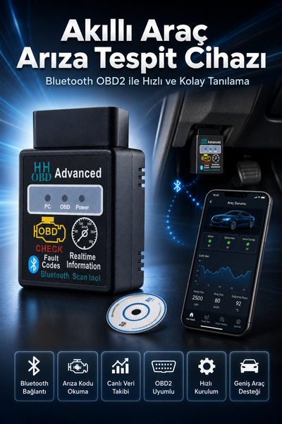 indirimsevinci Bluetooth OBD2 Araç Arıza Tespit Cihazı Hata Kodu Okuma Silme Canlı Veri Takibi