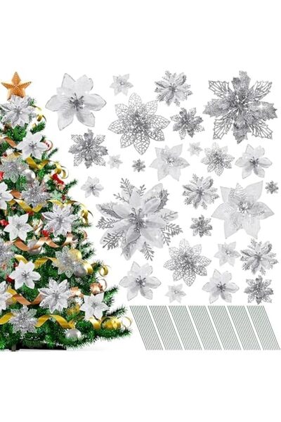 Generic Brand Jaffiust 36PCS Christmas Glitter Poinsettia Artificial Flowers ...