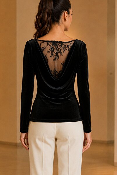 Mossta Degaje Collar Velvet Blouse with Lace Detail on the Back - Black