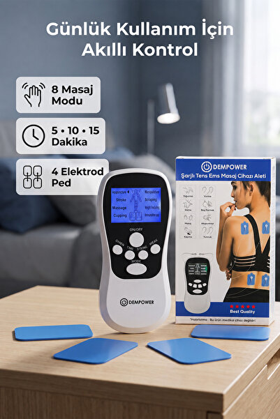 DEMPOWER 4 Elektrot Pedli 8 Modlu Zaman Ayarlı Şarjlı Dijital TENS EMS Vücut Masaj Cihazı
