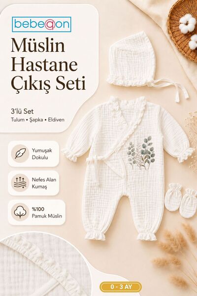 bebeqon 3 Parça %100 Pamuk Müslin Ekru Bohem Baskılı Kruvaze Hastane Çıkış Seti 0-3 Ay