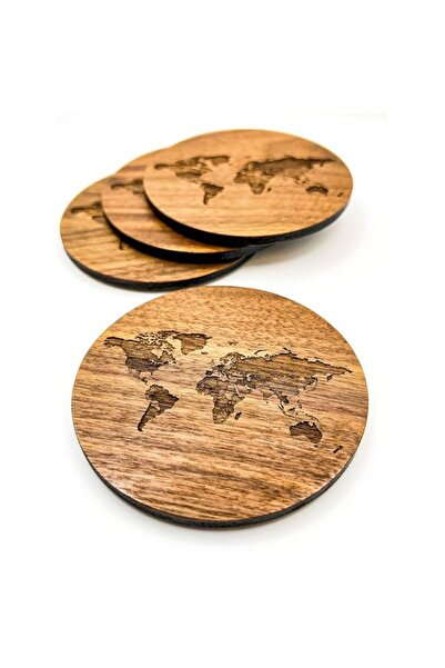 Generic Brand World Map Walnut Wood Coaster | Set of 4 Handcrafted Natural Wa...