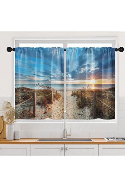 Generic Brand Arttown Sea Beach Summer Kitchen Curtains, Sun Blue Sunset Shor...