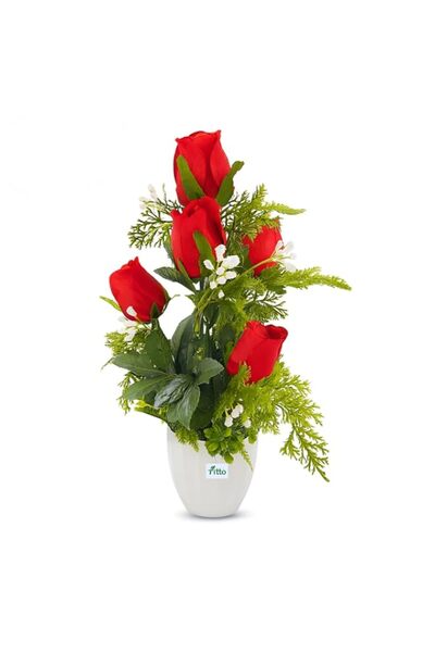 Generic Fitto Artificial Red Rose Arrangement in White Pot with Green Foliage