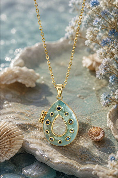 Sylvera Shop Secret Drop Blue and White Covered Medallion Steel Necklace (Gol...