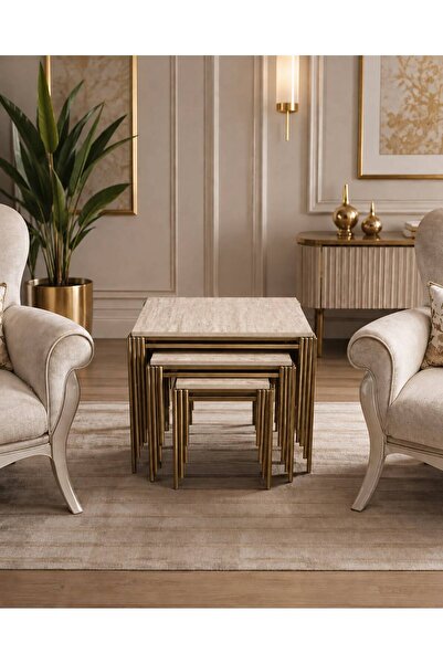 Golden Design KARE PİANO ZİGON SEHPA BONJ TRAVERTEN METAL AYAK
