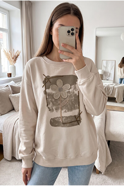 FEMELLE Beige 100% Cotton Bead and Sequin Embroidered Sweatshirt