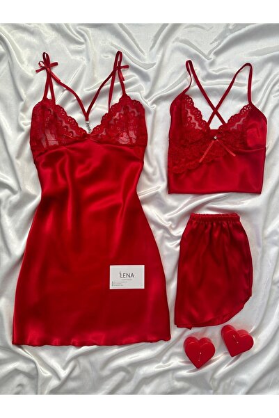 Lena Homewears Women's 3-Piece Satin Nightgown Shorts Dowry Set