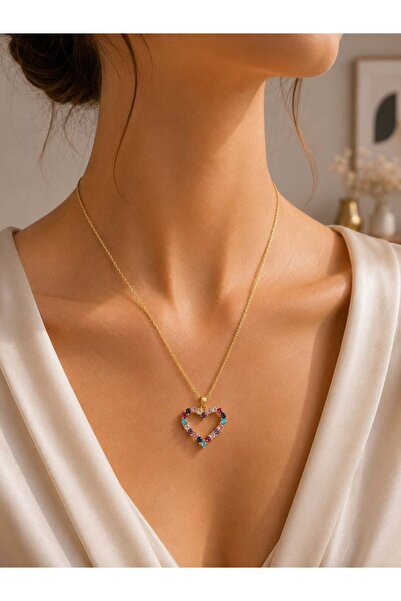 MARE BUTİK Gold Color Steel Necklace with Colorful Zircon Stone Heart Figure