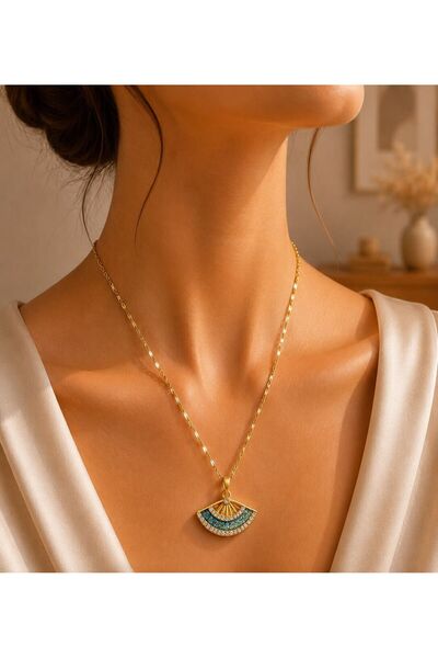 MARE BUTİK Gold Color Steel Necklace with Turquoise Stone Detail and Fan Figure