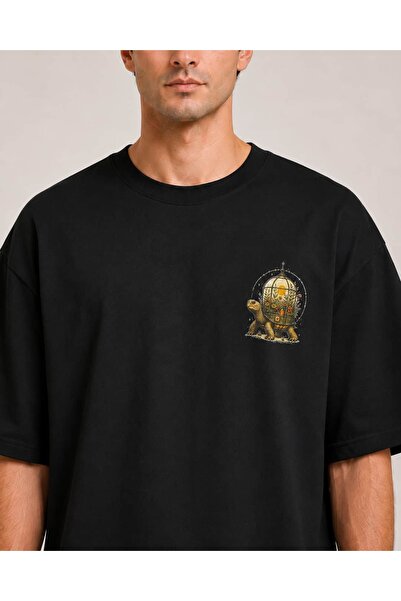 CANMODA Black Oversize Minimal Turtle Print Design T-Shirt