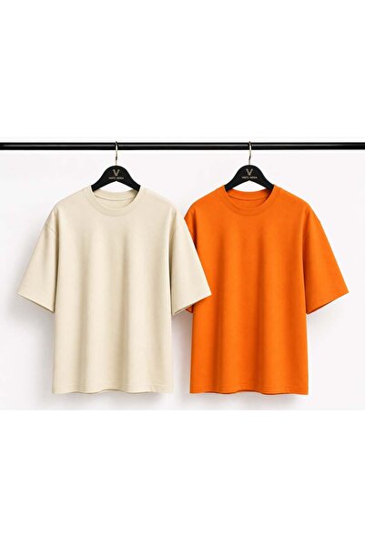 Vasto Moda Ekru - Turuncu Beyaz - Turuncu 2'li Erkek Oversize Tişört