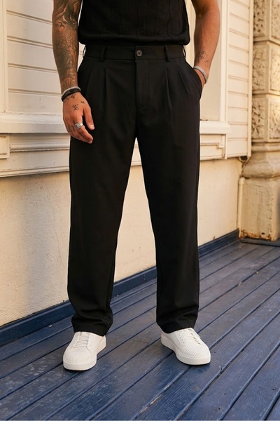 ElitWear Erkek Pileli Rahat Kalıp Beli Lastikli ve Kemerli Baggy Kumaş Pantolon
