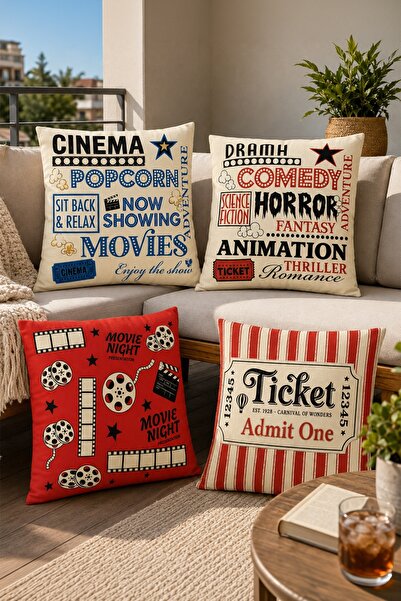 EVPANYA Retro Cinema Patterned 4-Piece Throw Pillow Cover Set